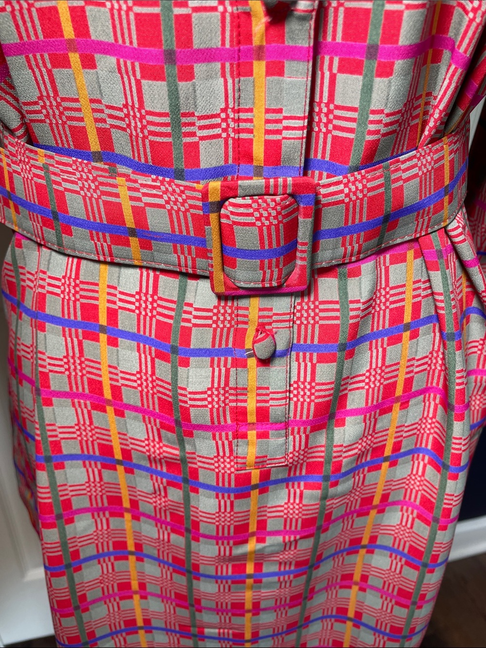 Vintage Hana Sung 1980s Plaid Shirt Dress Midi Belted Shoulder Pads Pink Blue 10 - Picture 3 of 13